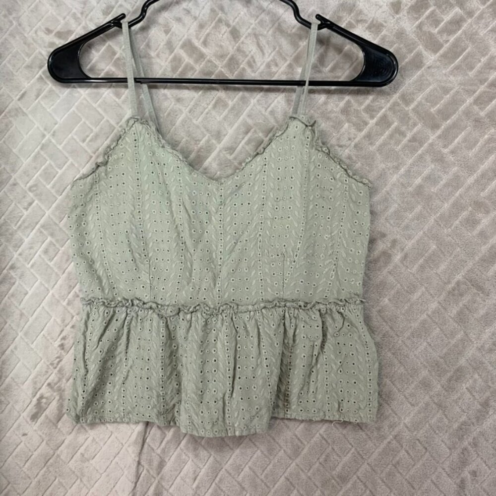 Sim & Sam Womens S Crop Tank Top Sage Green Embroidered Eyelet Floral Boho